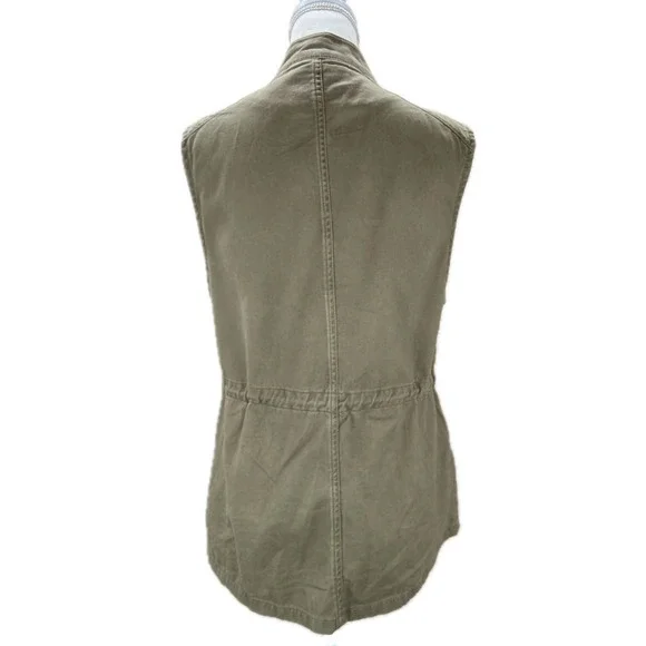 Per Se Women M Olive Green Cargo Utility Vest Pockets Drawstring 100% Cotton - Picture 2 of 9